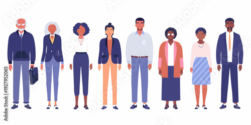 Diverse group of people standing in a row facing forward