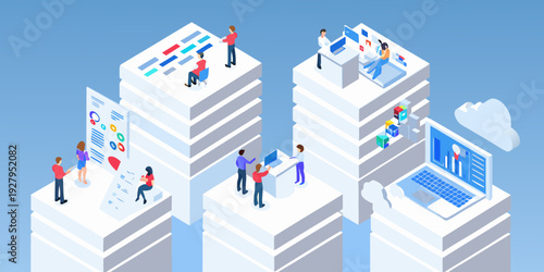 Isometric illustration depicting people collaborating with technology and data analysis