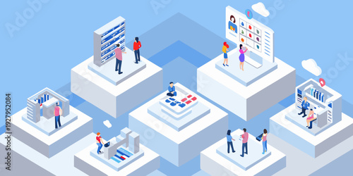 Isometric illustration depicting digital infrastructure and people interacting with technology