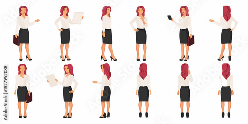 A businesswoman in various poses and outfits depicted in a vector illustration