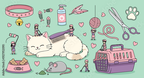 A charming vector illustration showing tiny people caring for a large white cat, surrounded by pet grooming supplies like a brush, scissors, and a carrier.