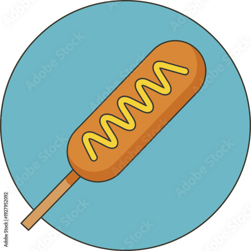 Corn dog on stick with mustard on blue background