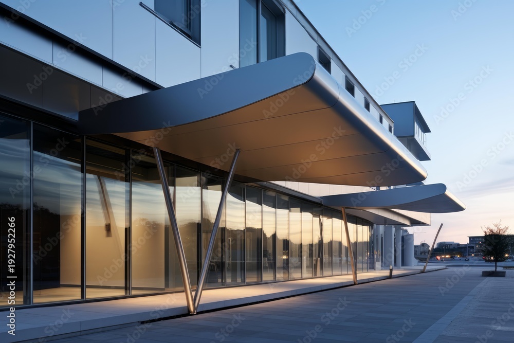 Fototapeta premium Modern office building showcasing architectural design, glass facade and a large curved canopy at sunset
