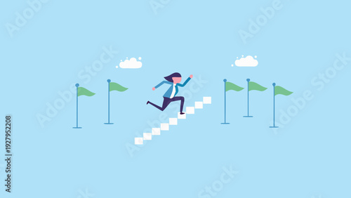 Businesswoman climbing stairs to success with flags marking the path