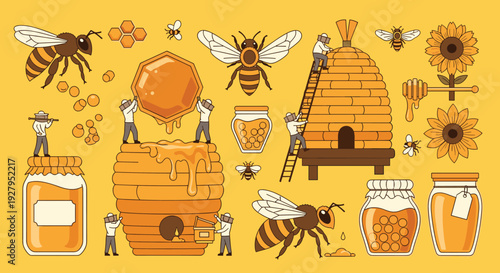 A sweet vector illustration set about apiculture, featuring tiny beekeepers working with bees, a large beehive, and jars of golden honey.