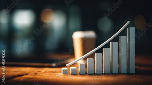 Business Growth Concept with Increasing Graph Chart and Coffee Cup on Wooden Table in Modern Office Environment
