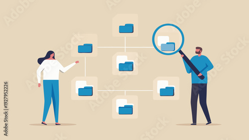Team members analyzing data and file organization with a magnifying glass
