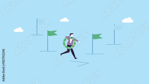 A businessman runs toward a green finish line achieving goals