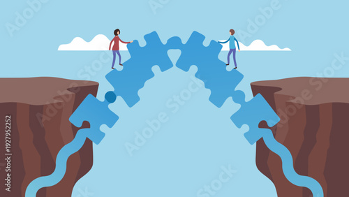 People connecting puzzle pieces to bridge a gap between two cliffs