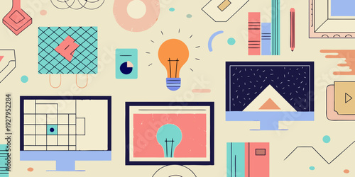 A colorful flat design featuring technology creativity and abstract shapes