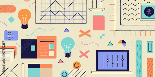 Colorful illustration depicting technology innovation and data analysis concepts