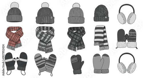 Winter clothing set featuring assorted hats, scarves, and mittens in grayscale and red tones for seasonal fashion concepts.