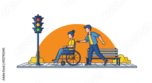 A helpful young man pushes a woman in a wheelchair across a city crosswalk next to a traffic light and a park bench.