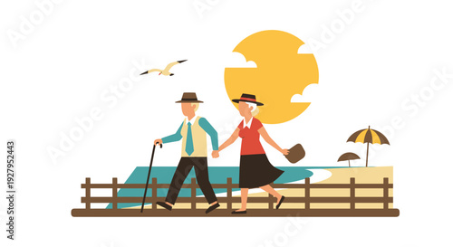 An elderly couple wearing hats holds hands while walking with a cane along a seaside boardwalk on a sunny day.