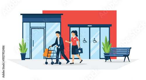 A female staff member assists a man using a walker as they exit a modern building with accessible automatic doors.