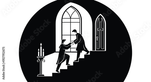 Two men in historical attire ascend a dark, gothic staircase illuminated by a candelabra and an arched window in a black and white illustration.
