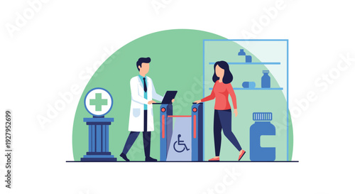A pharmacist with a laptop assists a female customer at an accessible turnstile entrance in a modern pharmacy with shelves of medicine.