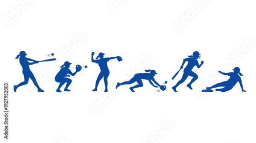 Women’s Softball Silhouette Vector Set – Dynamic Female Athlete Poses Featuring Batting, Pitching, Catching, and Sliding for Sports Graphics and Team Design Projects