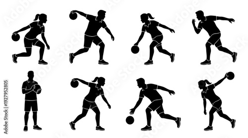 Bowler Silhouette Vector Set – Dynamic Male and Female Poses Featuring Bowling Actions for Sports Graphics, Recreation Posters, and Competitive Design Projects