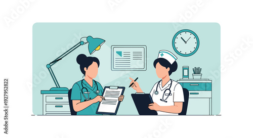 A vector illustration shows two female nurses or doctors in uniform discussing a patient's chart on a clipboard at a desk in an office.