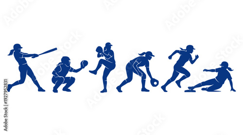 Women’s Softball Silhouette Vector Set – Dynamic Female Athlete Poses Featuring Batting, Pitching, Catching, and Sliding for Sports Graphics and Team Design Projects