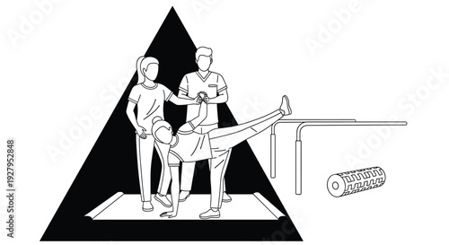 A black and white line art vector shows two physical therapists assisting a patient with a rehabilitation exercise on a mat.