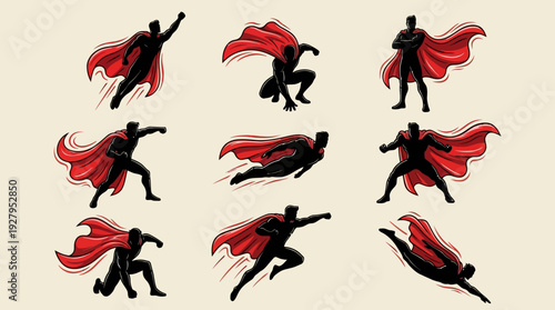 Superhero Silhouette Vector Set – Dynamic Cape Poses Depicting Strength, Power, and Confidence for Comic Graphics, Pop Culture Posters, and Heroic Design Projects