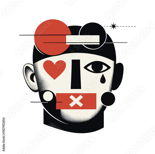 A symbolic face collage featuring a black-and-white vintage human face reduced to essential forms, facial