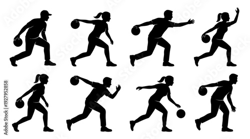 Bowler Silhouette Vector Set – Dynamic Male and Female Poses Featuring Bowling Actions for Sports Graphics, Recreation Posters, and Competitive Design Projects