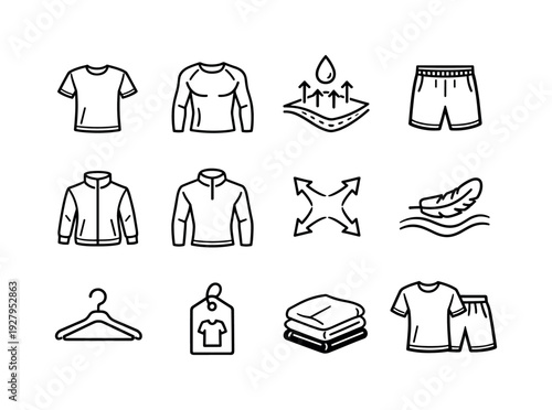 Athletic apparel. Line outline icon set of Athletic apparel: performance t-shirt, compression shirt,