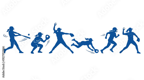 Women’s Softball Silhouette Vector Set – Dynamic Female Athlete Poses Featuring Batting, Pitching, Catching, and Sliding for Sports Graphics and Team Design Projects