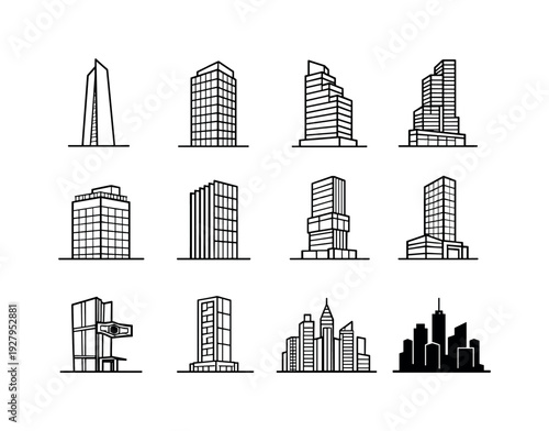 Urban Skyscraper Icons. No text!!! White backgrouHigh-rise building designs for urban centers. Line outline