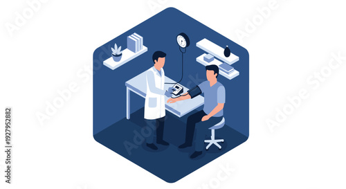 An isometric vector illustration shows a doctor measuring a male patient's blood pressure with a cuff and sphygmomanometer in a clinic room.