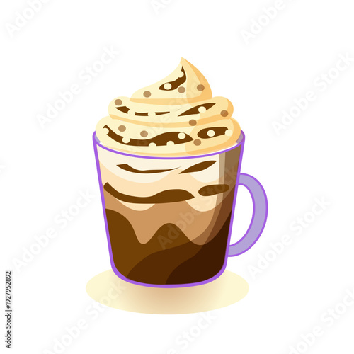 Coffee with cream in a glass cup, the most popular drink in the world. Vector illustration for menu, flyer, poster, banners, mobile apps, interface