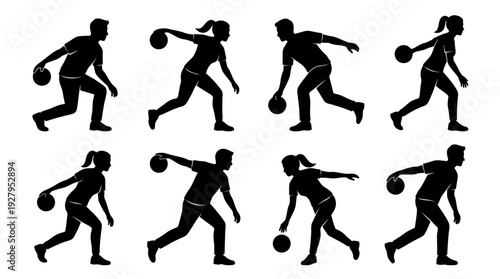 Bowler Silhouette Vector Set – Dynamic Male and Female Poses Featuring Bowling Actions for Sports Graphics, Recreation Posters, and Competitive Design Projects