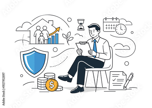 Financial security and legacy planning. Calm professional reviewing long-term plans,