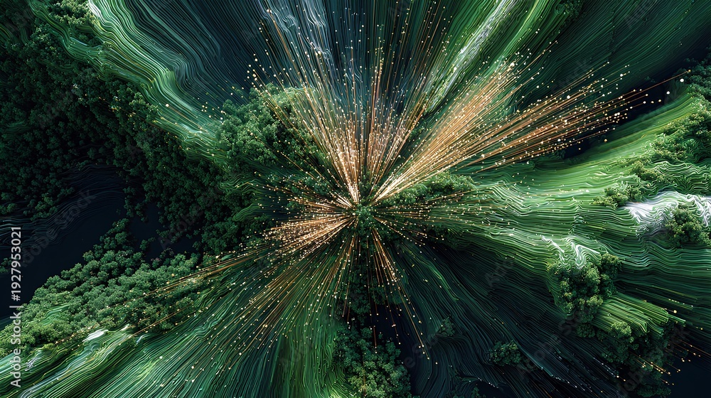 Fototapeta premium Aerial View of a Forest with Artistic Light Burst: The verdant landscape of a sprawling forest comes alive with an explosion of radiant light trails, forming a captivating spectacle.