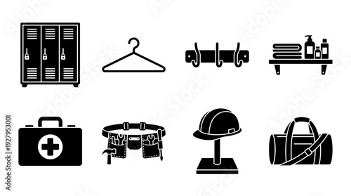 Fitness Facility Icon Vector Set – Gym and Locker Room Symbols Featuring Equipment, Apparel, First Aid, and Storage for Sports Graphics and Wellness Design Projects