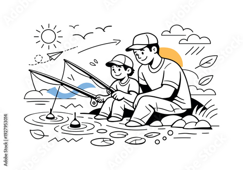 ze across the set.A father and child bonding while fishing at a lake. Father and child