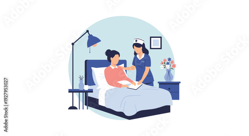 A compassionate nurse in a blue uniform provides care and comfort to a female patient who is resting in a bed at home or in a clinic.