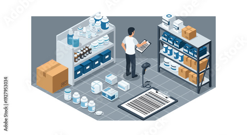 An isometric view of a pharmacist or warehouse worker taking inventory with a clipboard in a well-stocked pharmacy storage room with shelves of medicine.