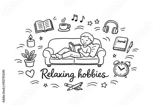 Relaxing hobbies. Hand-drawn doodle illustration of Relaxing hobbies. In the middle, one