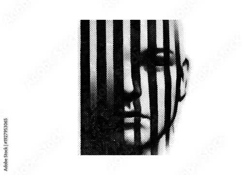 A human face partially visible with strong vertical bar shadows cast across it, expression