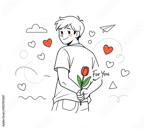 Spring love confession. A young man hiding a single red tulip behind his back, shy smile and soft floating