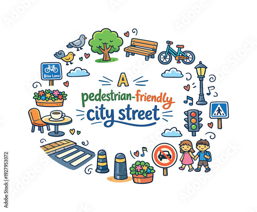 A pedestrian-friendly city street. Hand drawn illustration of A pedestrian-friendly city