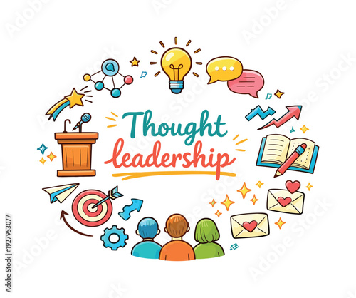 Thought leadership. Hand drawn illustration of Thought leadership. podium, light bulb, quote