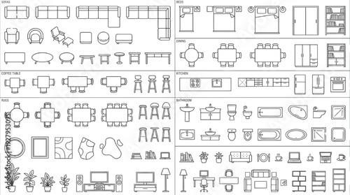 Architectural Floor Plan Furniture Icon Set – Interior Blueprint Layout Vector Collection set of icons