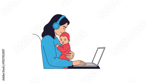 Mother working on laptop while holding baby