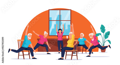 A group of active seniors participates in a guided chair yoga and stretching class led by a female instructor in a bright room.