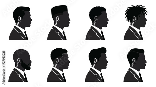 Black Male Profile Silhouette Vector Set – Diverse Hairstyles and Facial Features in Formal Attire for Identity Graphics, Cultural Posters, and Professional Design Projects